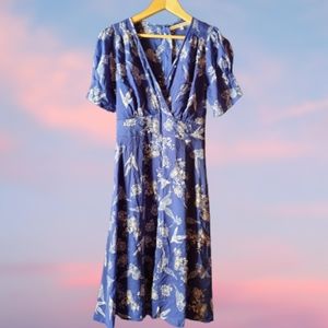 Uttam Boutique blue & white beaded bird / paisley print surplice midi dress